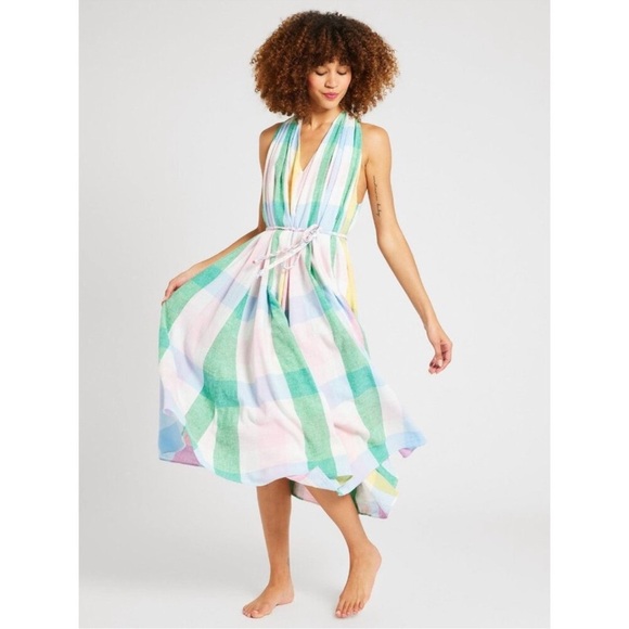 NWOT Mille Marilyn Plaid Pastel Midi Cotton Dress Pockets Resort Belt Sz S - Picture 2 of 9